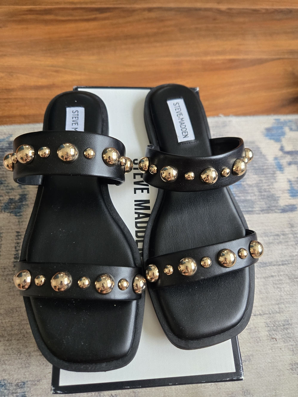 Steve Madden Black Slide Sandals with Gold Studs